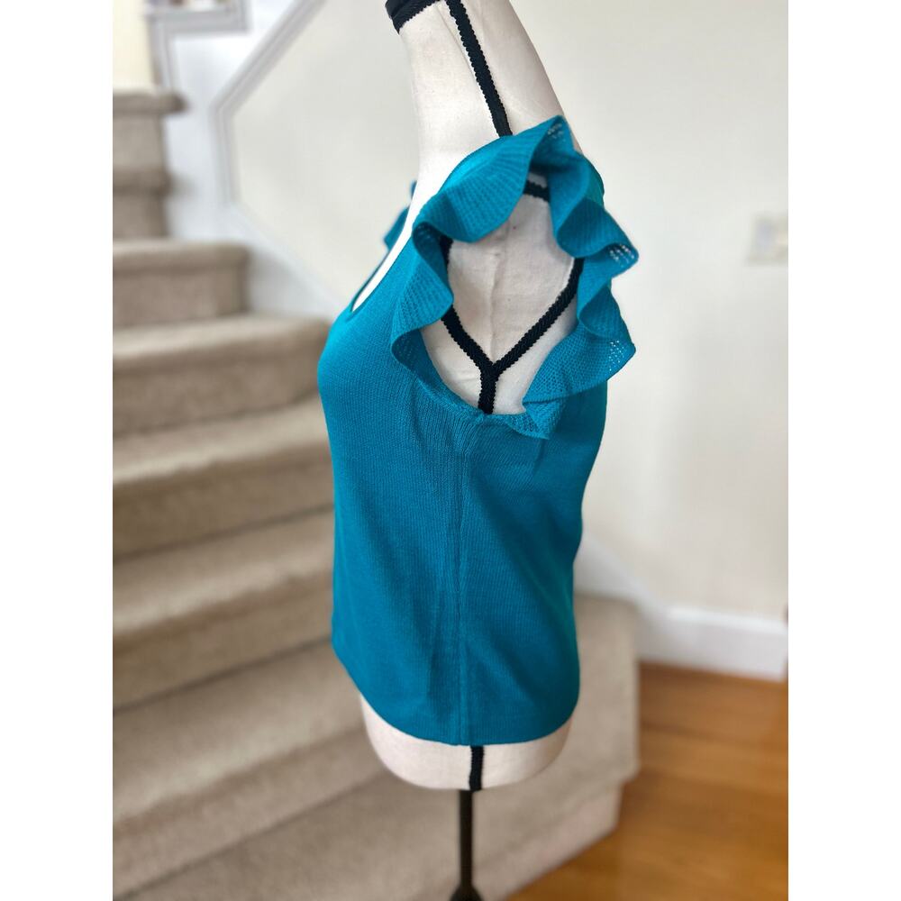 St. John Teal Blue Square Neck Flutter Sleeve Santana Knit Top - Picture 2 of 6
